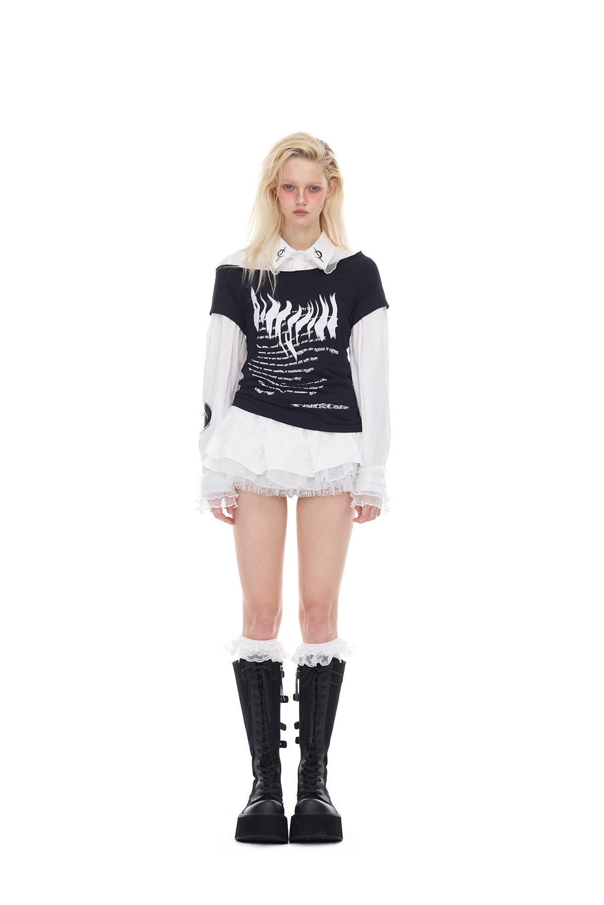 PINKSPINK ELECTRIC MOON lace puff-hem shirt — alternate modeled view showing the silhouette