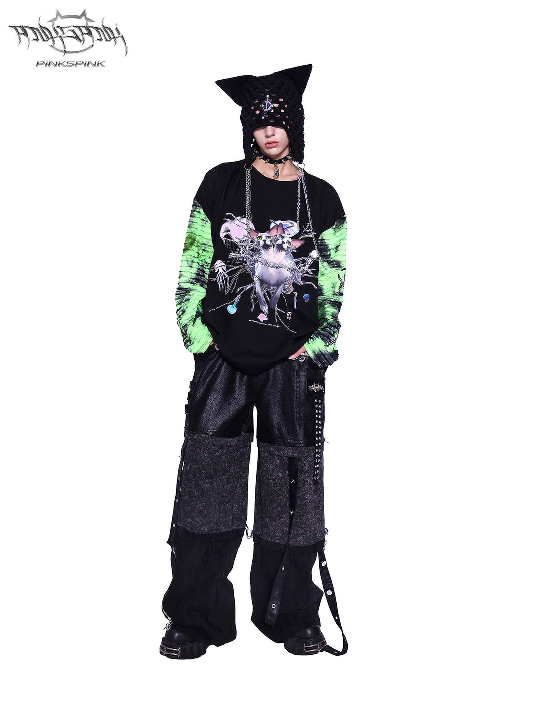 PINKSPINK ELECTRIC MOON chain cat-ear open-knit beanie — modeled detail view of the garment construction