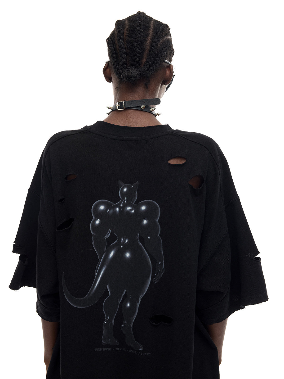 PINKSPINK FUTURE CAT distressed oversized tee in black — rear modeled close-up showing the back graphic
