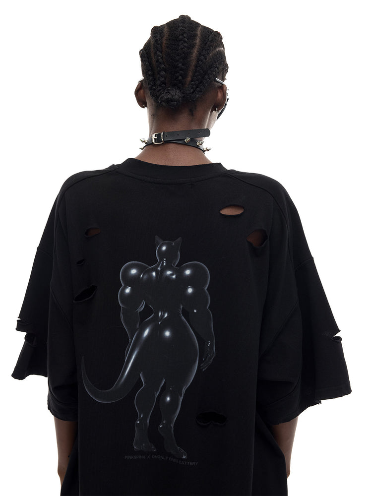 PINKSPINK FUTURE CAT distressed oversized tee in black — rear modeled close-up showing the back graphic