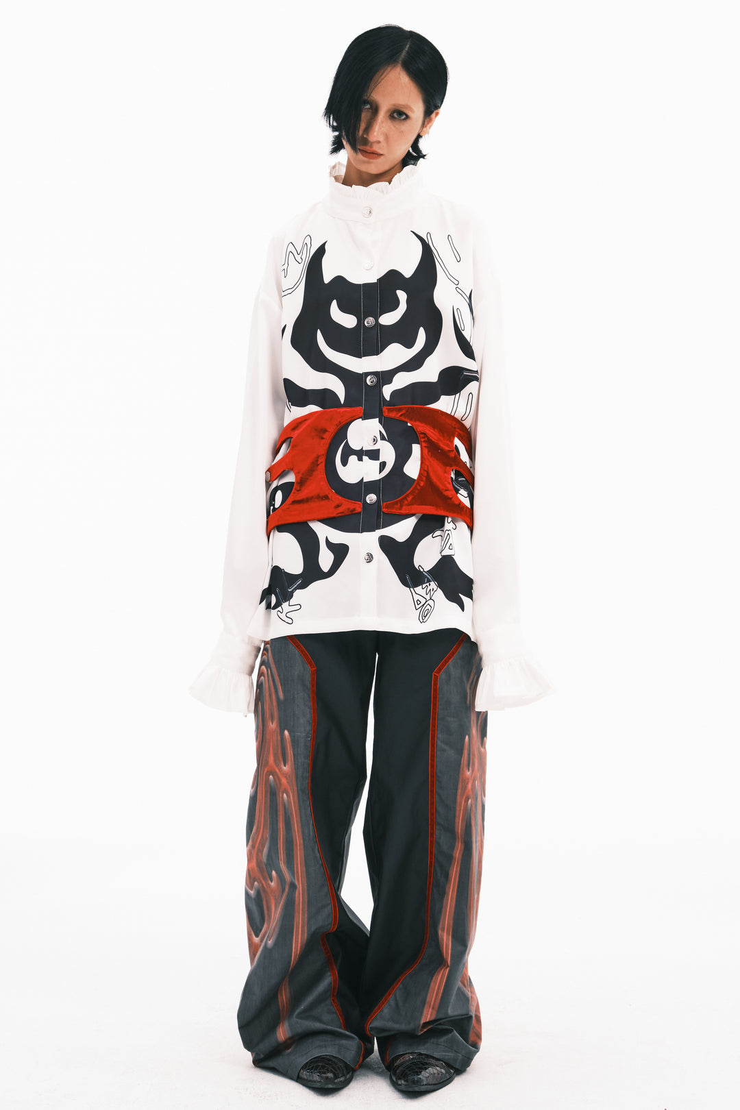 EMBRYO COURT TOTEM velvet-frill mock-neck shirt — alternate modeled angle