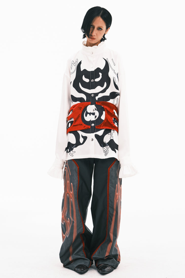 EMBRYO COURT TOTEM velvet-frill mock-neck shirt — alternate modeled angle