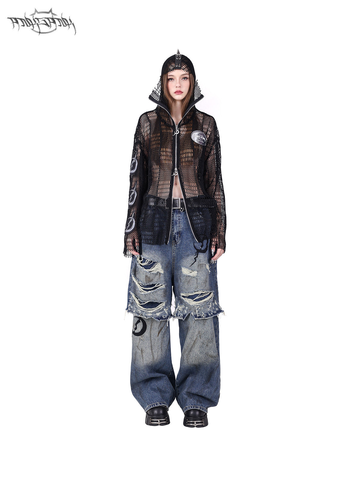 PINKSPINK ELECTRIC MOON spiked open-mesh zip hoodie in black — front full-length modeled view styled with distressed jeans