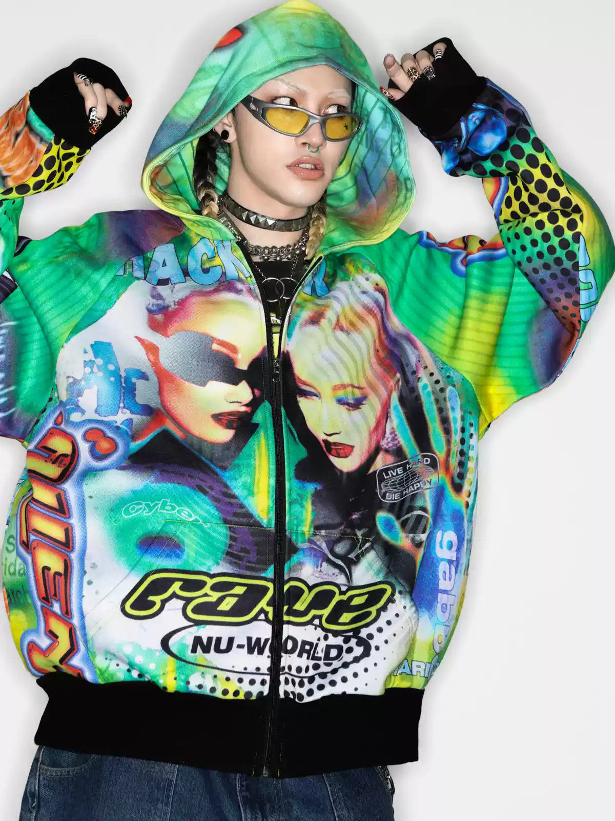 DEADENDKIDS ALIEN INVASION graphic fleece zip hoodie — side or detail presentation