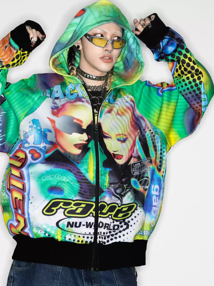 DEADENDKIDS ALIEN INVASION graphic fleece zip hoodie — side or detail presentation
