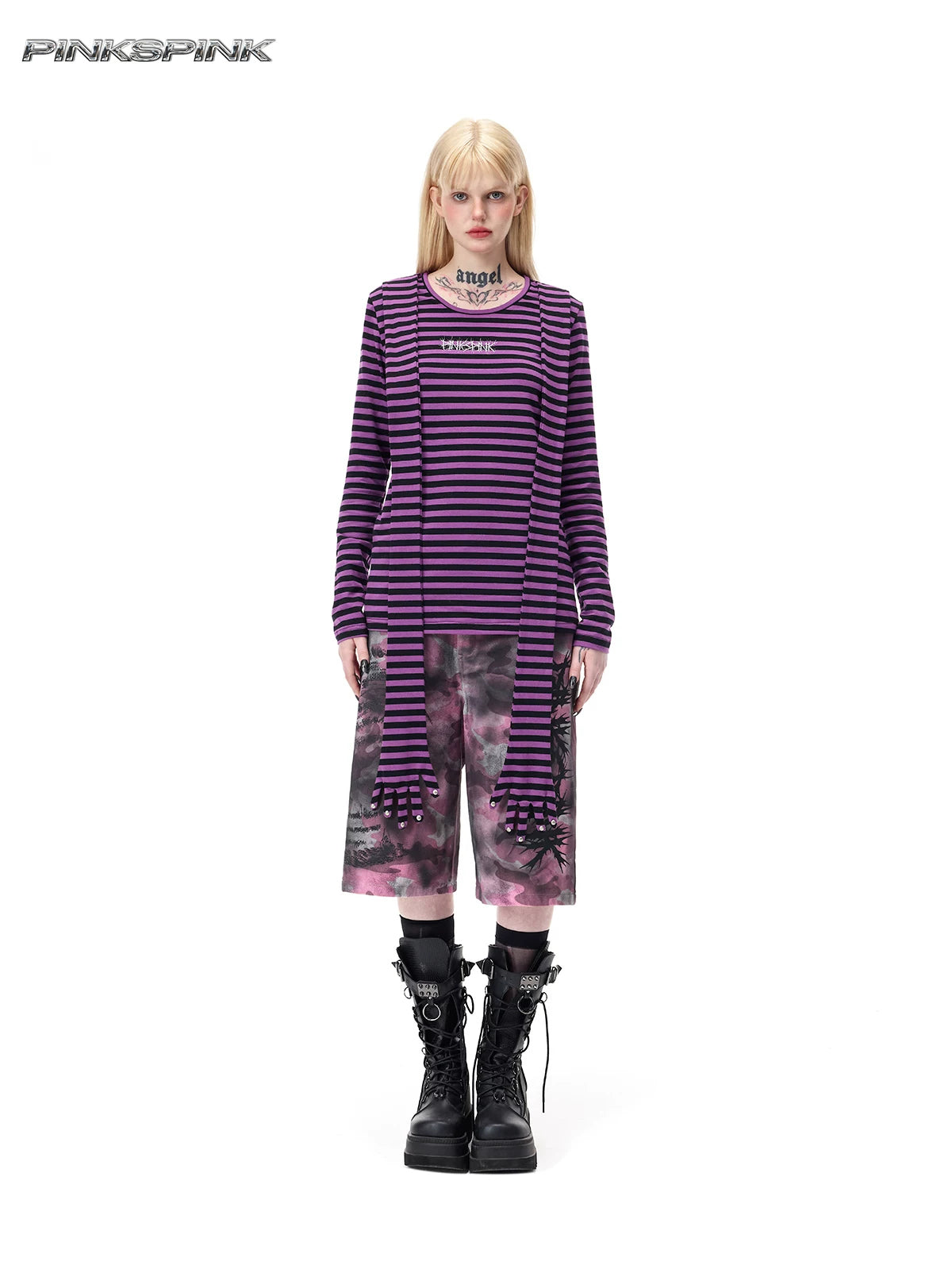PINKSPINK GHOSTHAND striped glove-sleeve tee in purple and black — centered full-length front modeled view with the hand-shaped panels hanging over separate camouflage shorts