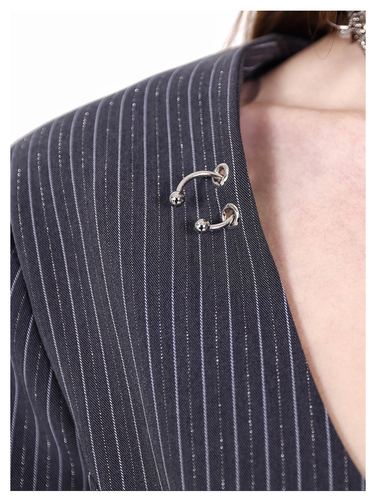PINKSPINK ELECTRIC MOON pinstripe ring-detail blazer dress in gray pinstripe — close detail of silver-tone shoulder rings and pinstripe texture