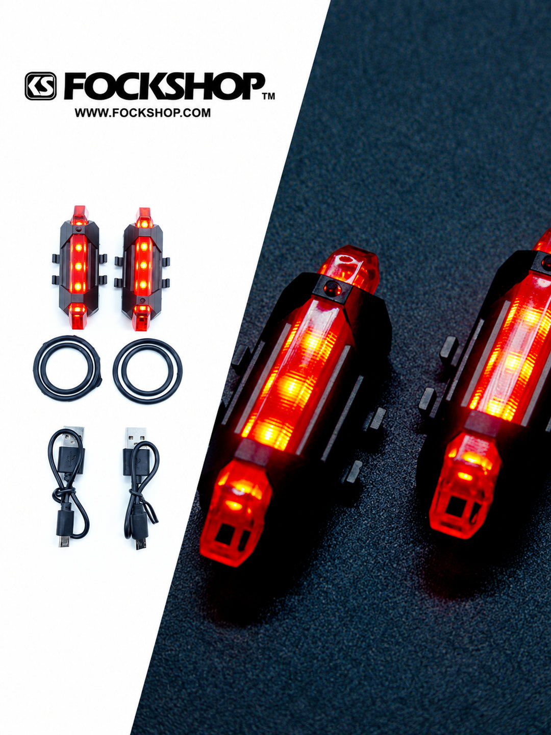 FOCKSHOP TRAIN L rechargeable costume light pair — red light and included accessory collage
