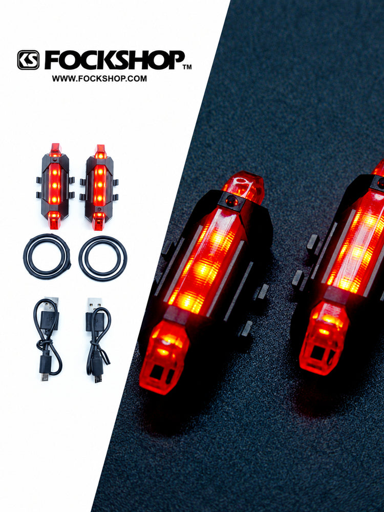 FOCKSHOP TRAIN L rechargeable costume light pair — red light and included accessory collage