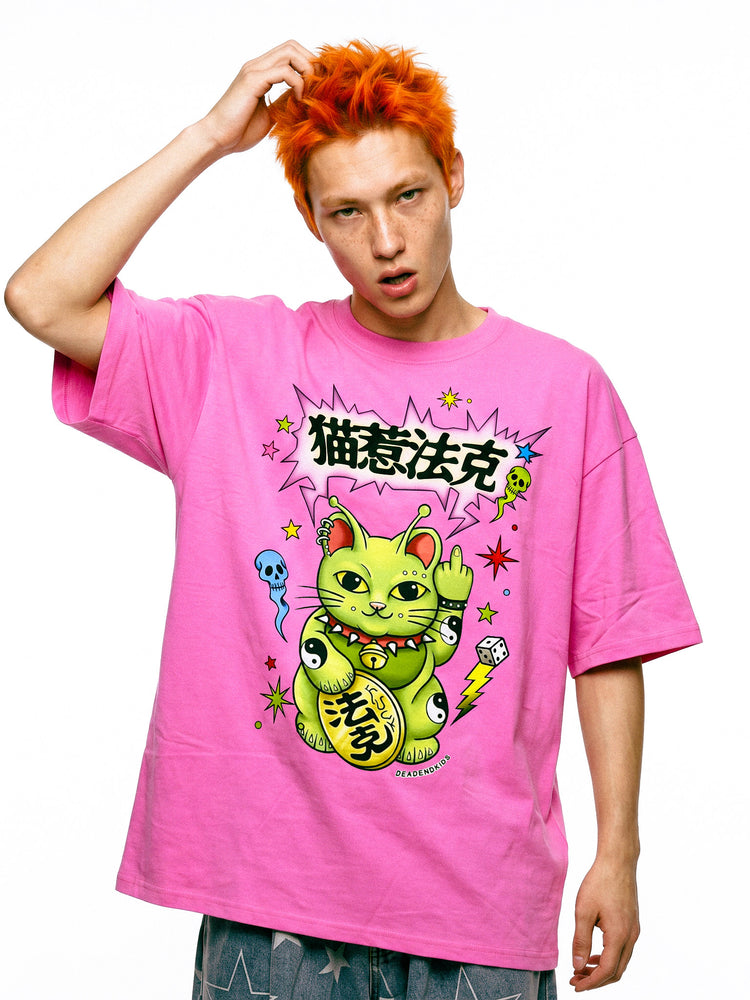DEADENDKIDS LUCKY ALIEN CAT oversized graphic tee — rear or construction presentation