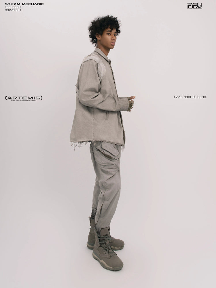 CHAOS ERA nightfall gray raw-edge technical shirt — full-length side modeled view