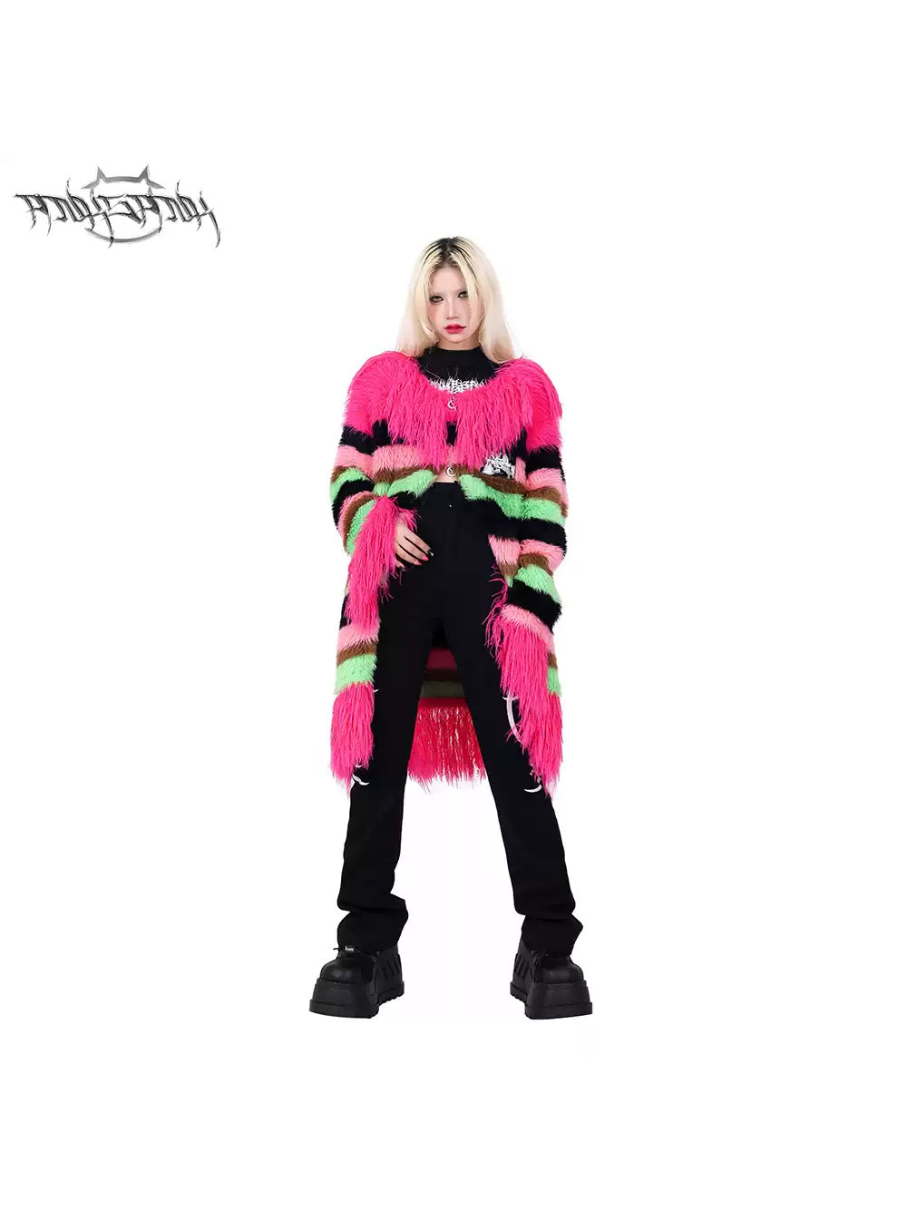 PINKSPINK FUTURE COLOR striped zip cardigan — close modeled view highlighting the construction
