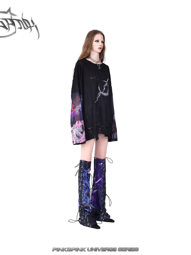 PINKSPINK COSMOS drawcord patchwork leg warmers in black purple multicolor — opposite-side modeled view styled with a black tee