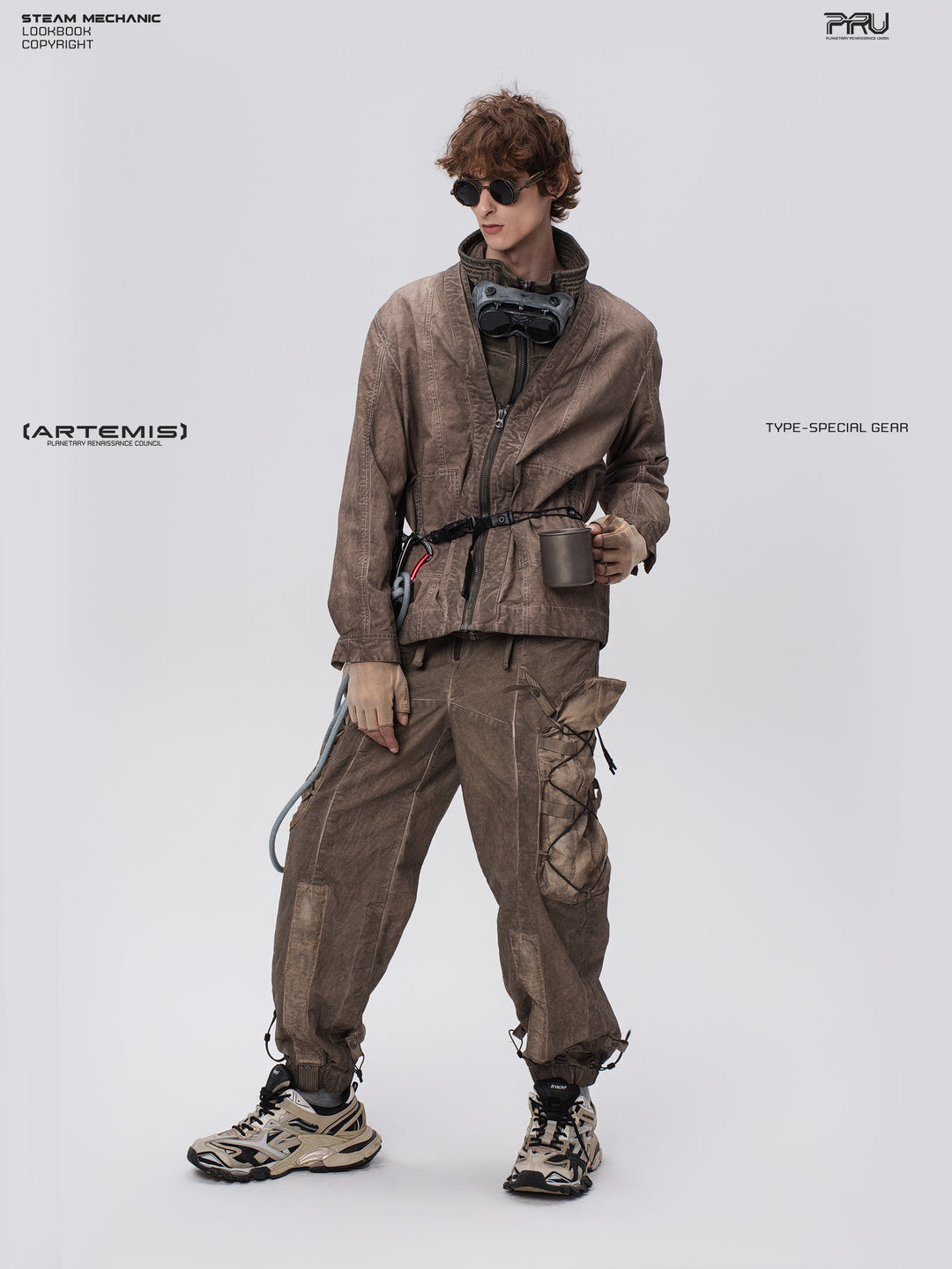 PIONEER gravel brown detachable-waist-bag work pants — full-length front styled view with legs apart