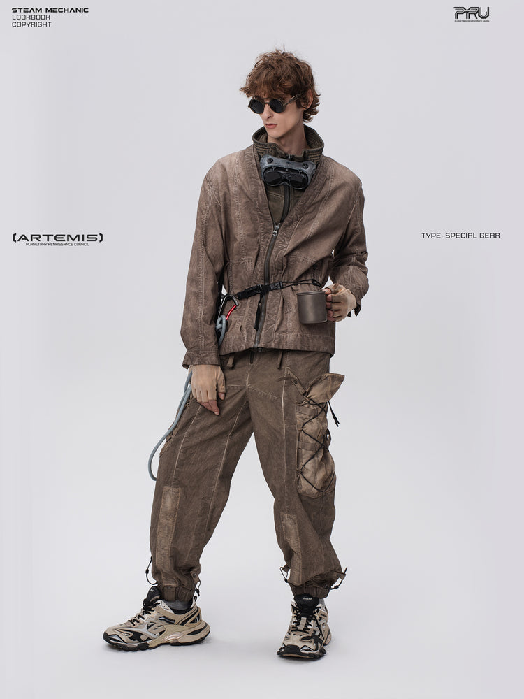 PIONEER gravel brown detachable-waist-bag work pants — full-length front styled view with legs apart