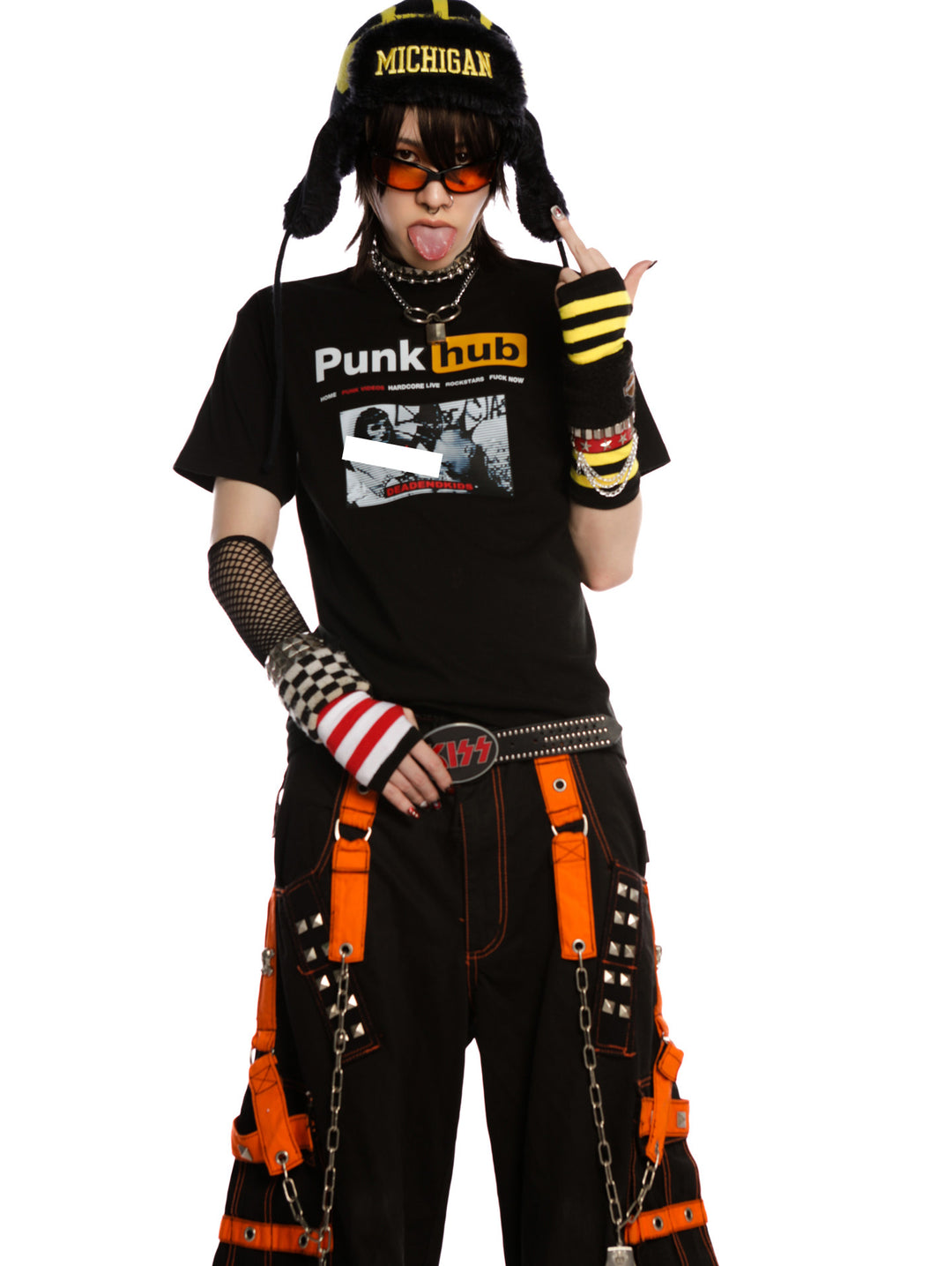 DeadEndKids PunkHub black graphic T-shirt — modeled sunglasses pose