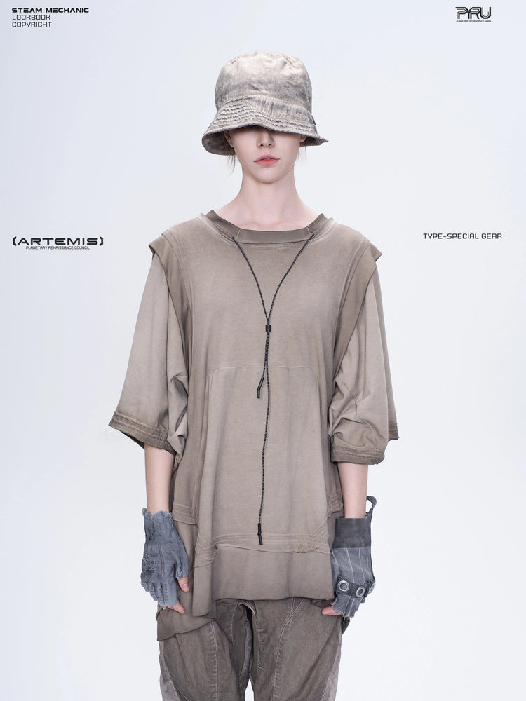 SUPERNOVA mercury brown convertible drawstring technical tee — front modeled view with a coordinating bucket hat