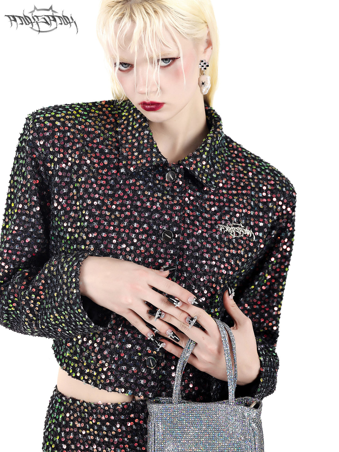 PINKSPINK SPARK sequined jacket and mini skirt set — black sequined jacket neckline and sleeve close-up