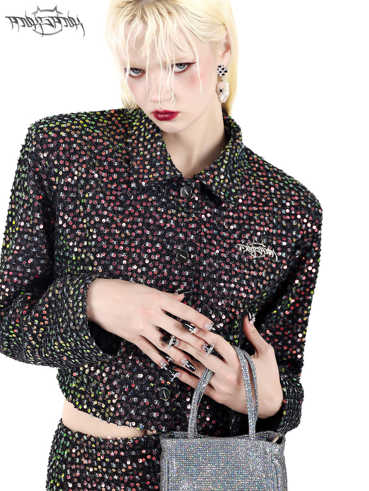 PINKSPINK SPARK sequined jacket and mini skirt set — black sequined jacket neckline and sleeve close-up