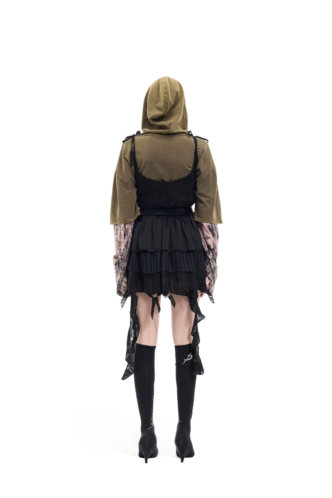 PINKSPINK ELECTRIC MOON two-way layered lace mini dress — black dress over olive hooded tee — full-length back view