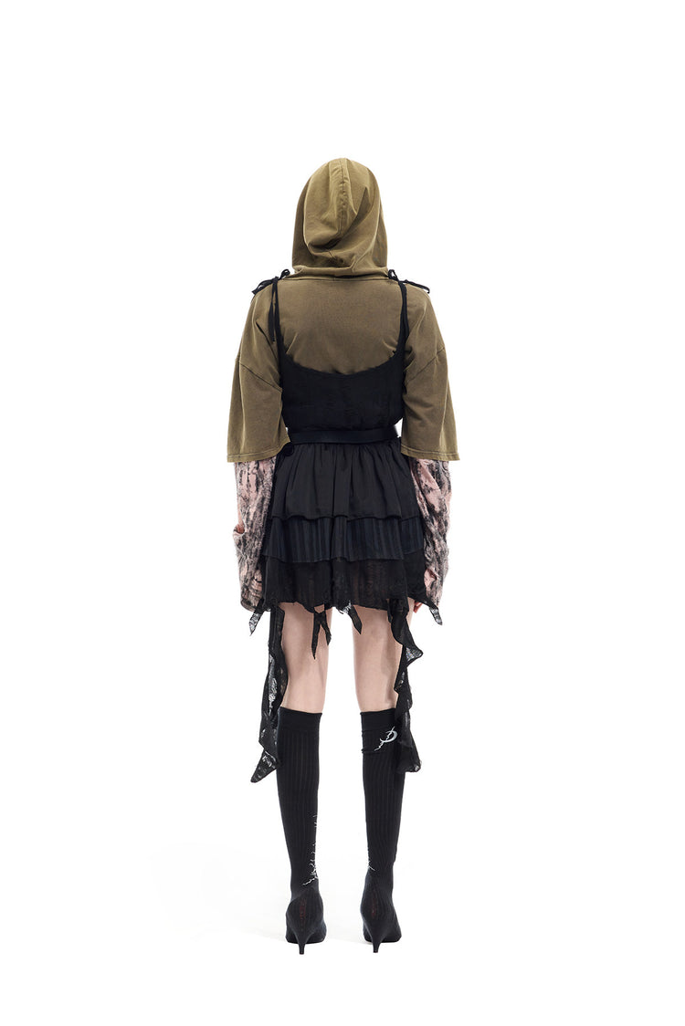 PINKSPINK ELECTRIC MOON two-way layered lace mini dress — black dress over olive hooded tee — full-length back view
