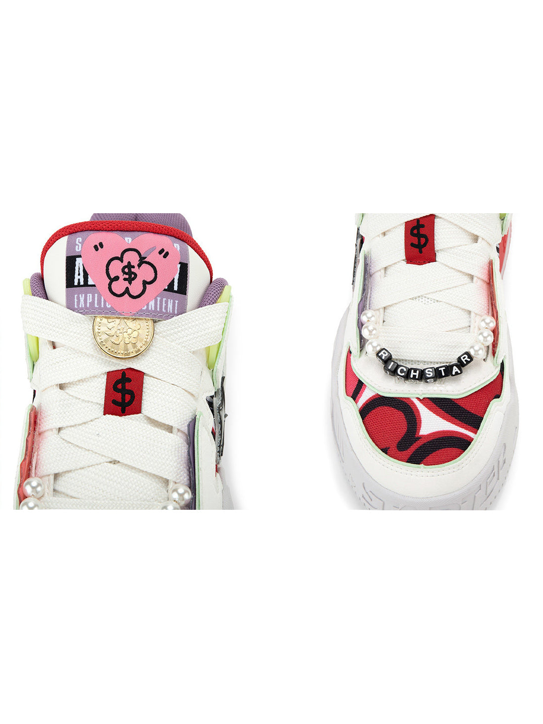 STARTER RICHFLOWER Fortune Red sneaker tongue pocket with decorative gold-tone coin and pearl-effect letter-bead lace details