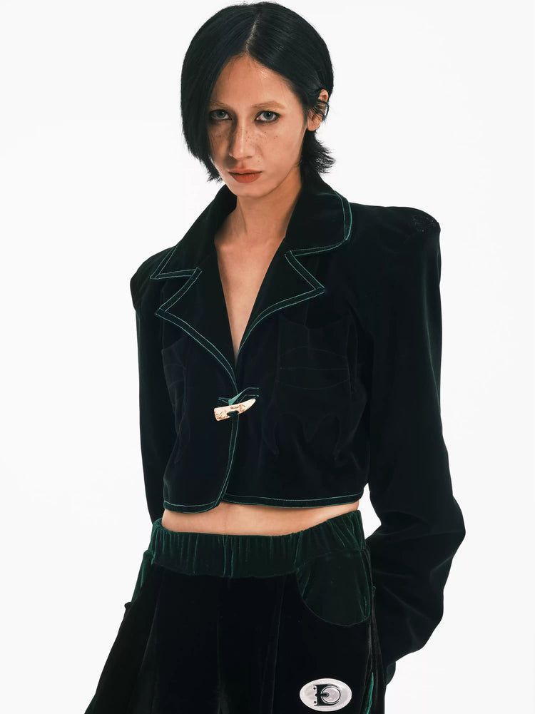 EMBRYO GREEN HORN cropped velvet blazer — side profile