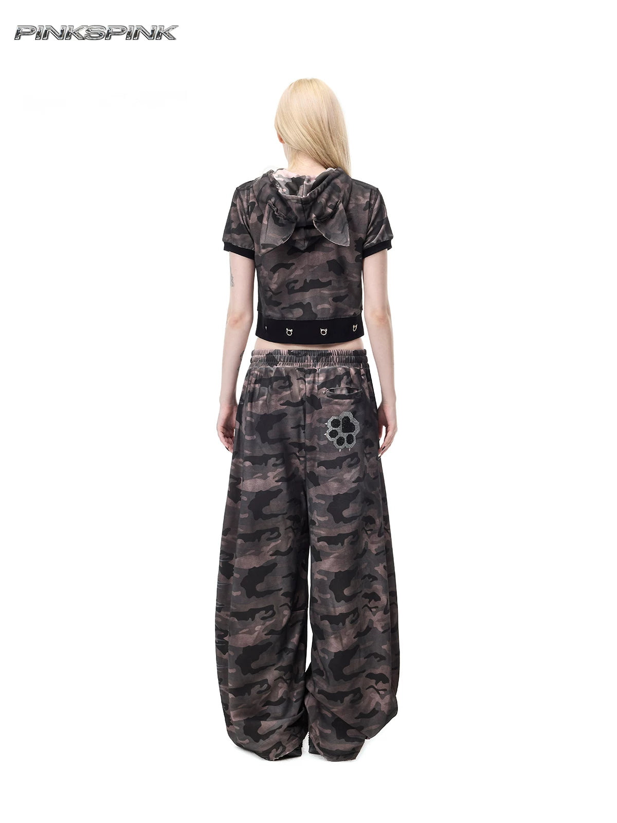 PINKSPINK CATPAW rhinestone curved-leg sweatpants in gray-brown camouflage — full-length rear modeled view showing the back paw motif and wide silhouette