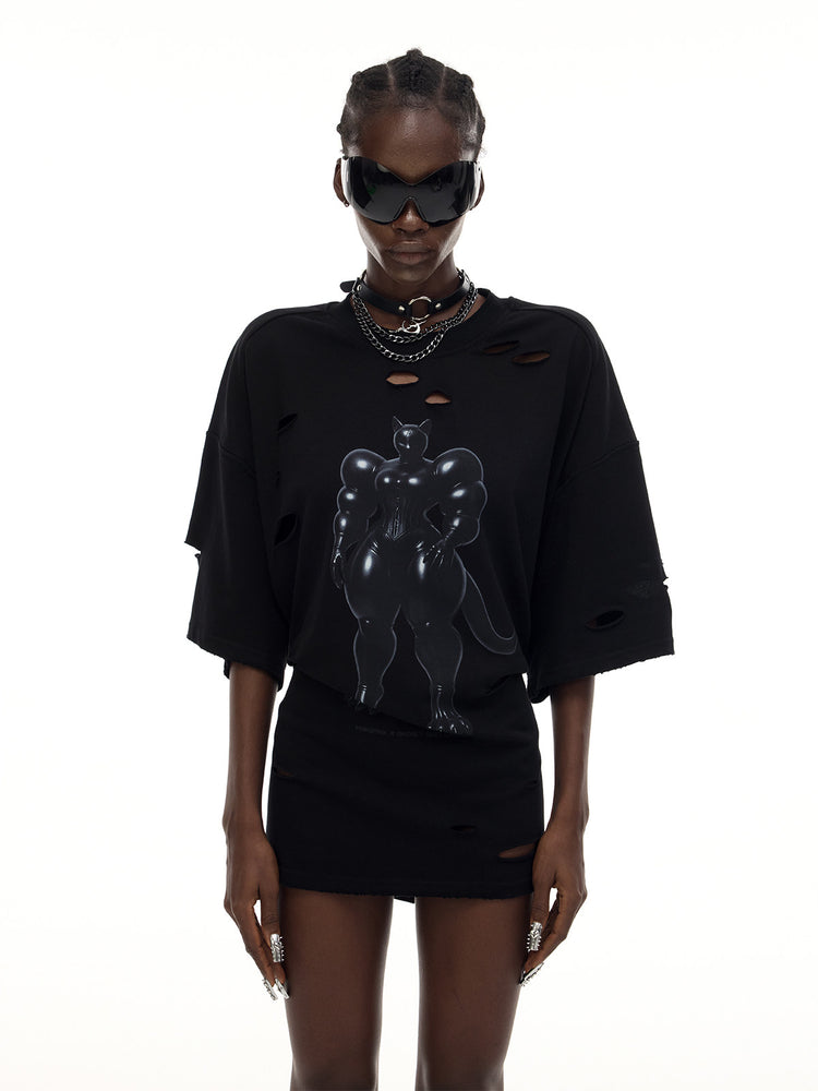 PINKSPINK FUTURE CAT distressed oversized tee in black — front modeled close-up with the waist cinched