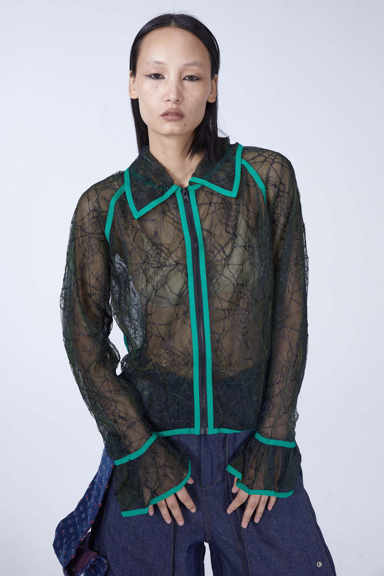 EMBRYO SPIDERWEB tearaway sheer shirt — alternate modeled angle