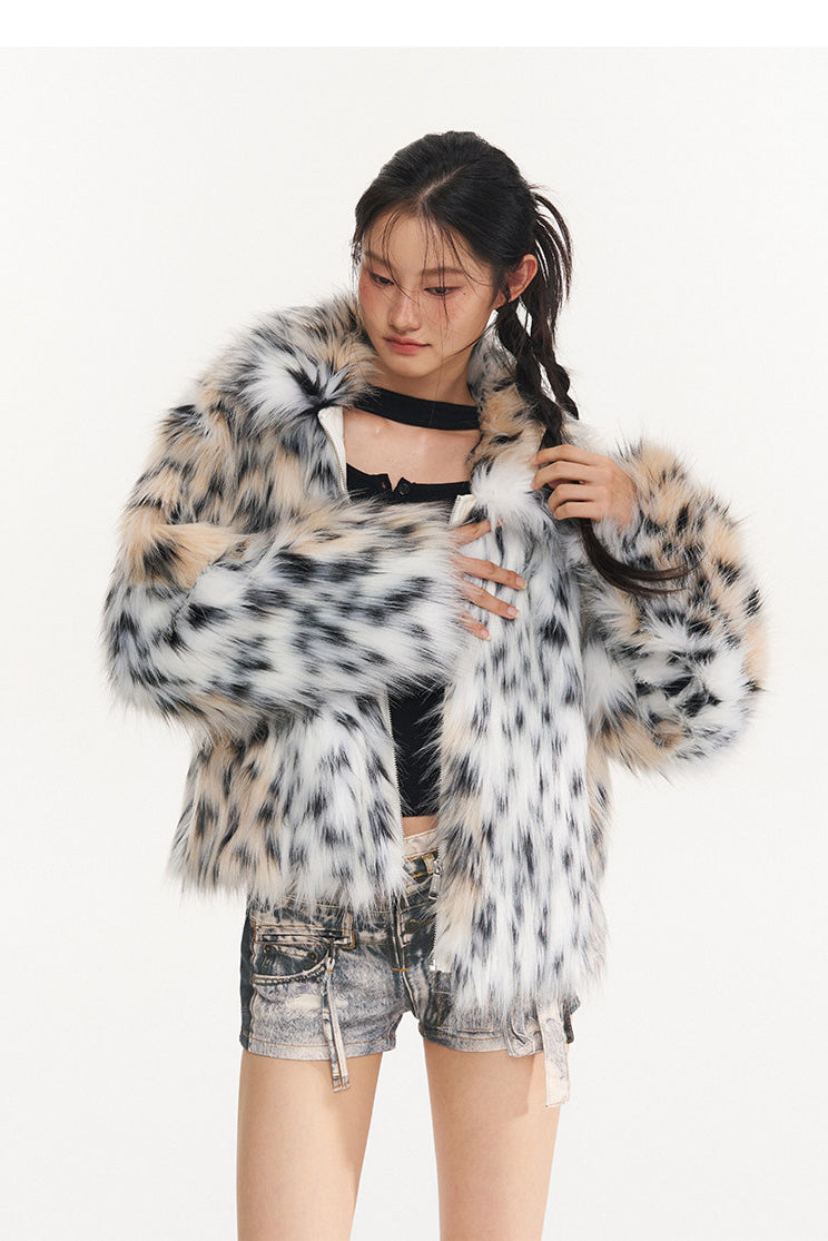 NAWS WILD LEOPARD faux-fur jacket — full-length modeled styling view