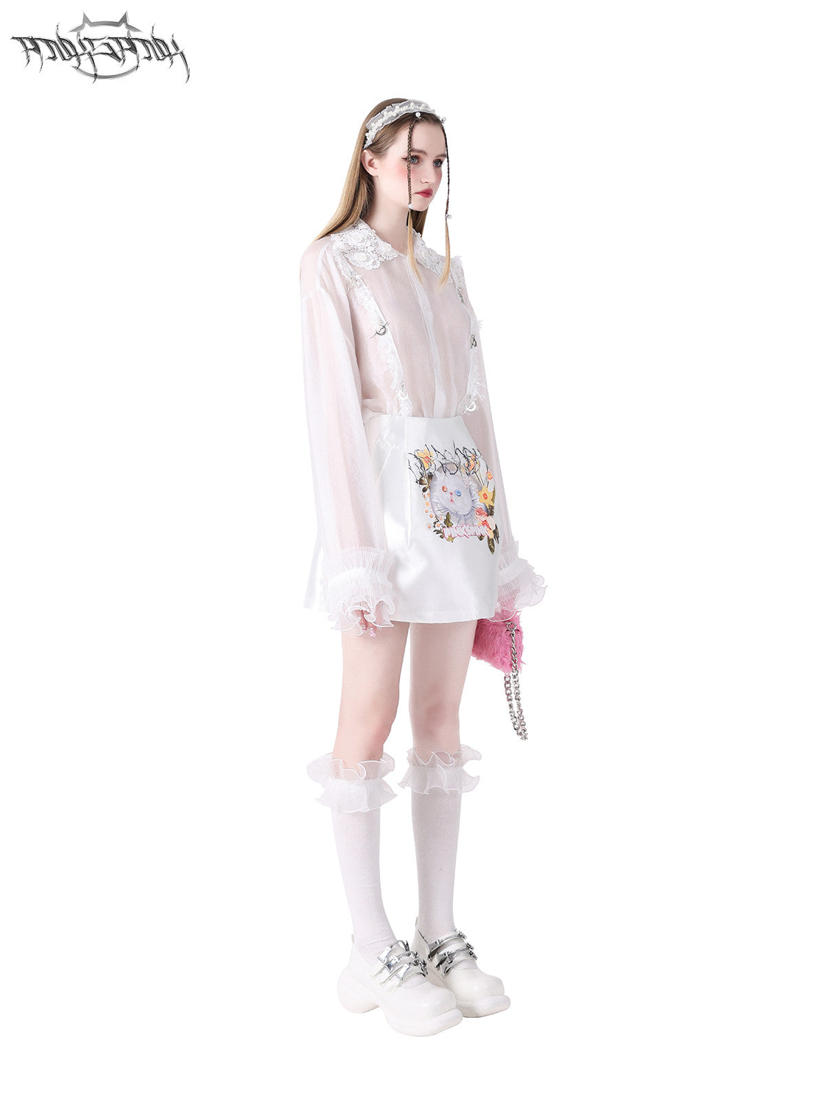 PINKSPINK FAIRY pearl-trim lace headband — side full-length styled view with the matching sheer blouse