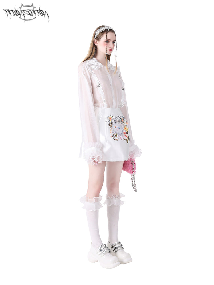 PINKSPINK FAIRY pearl-trim lace headband — side full-length styled view with the matching sheer blouse