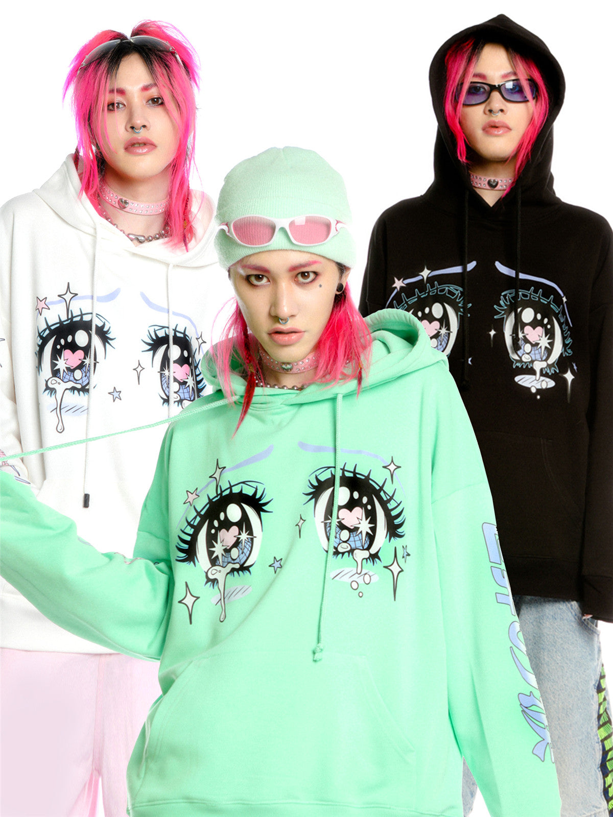 DEADENDKIDS ANIME TEARS oversized graphic hoodie — full-length modeled view