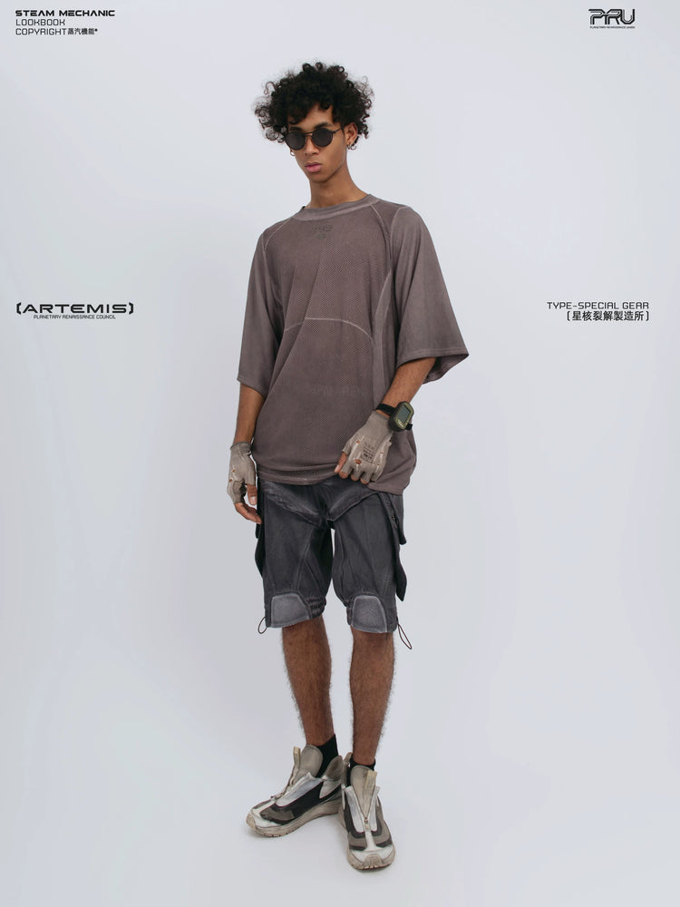 STARFIELD WELDER dust mist purple distressed mesh tee — side modeled view