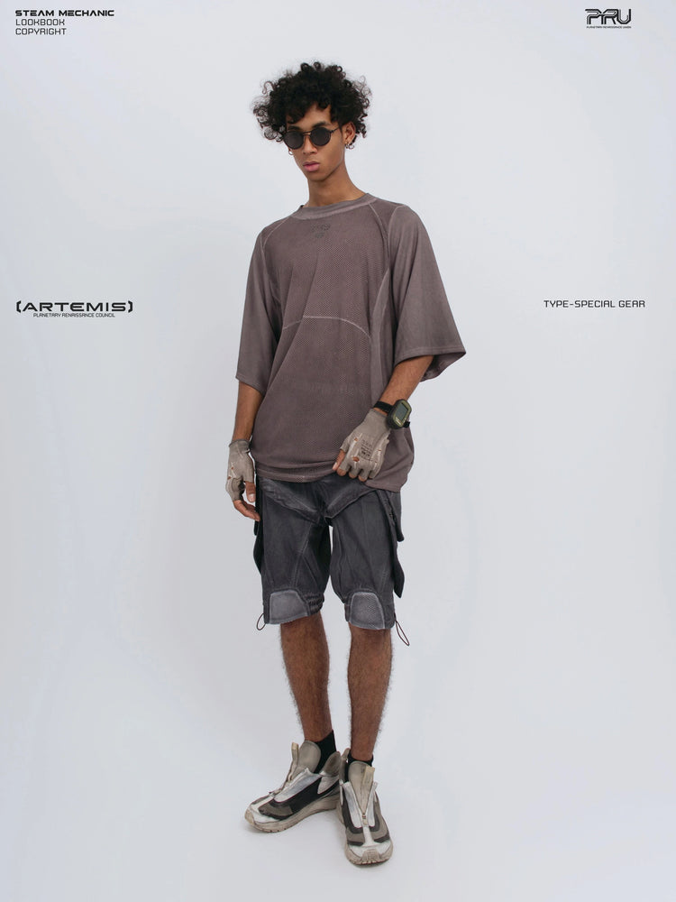 STARFIELD WELDER dust mist purple distressed mesh tee — full-length front three-quarter view