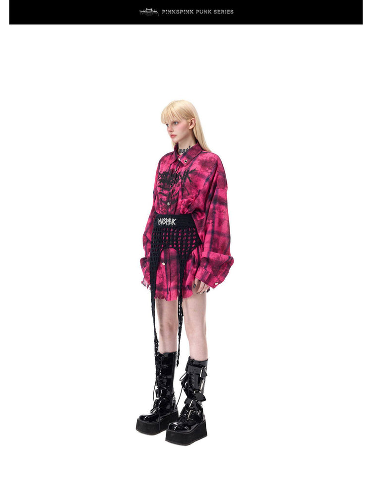PINKSPINK ELECTRIC MOON distressed oversized plaid shirt in pink and black plaid — full-length side-angle modeled view with a black knit waist wrap