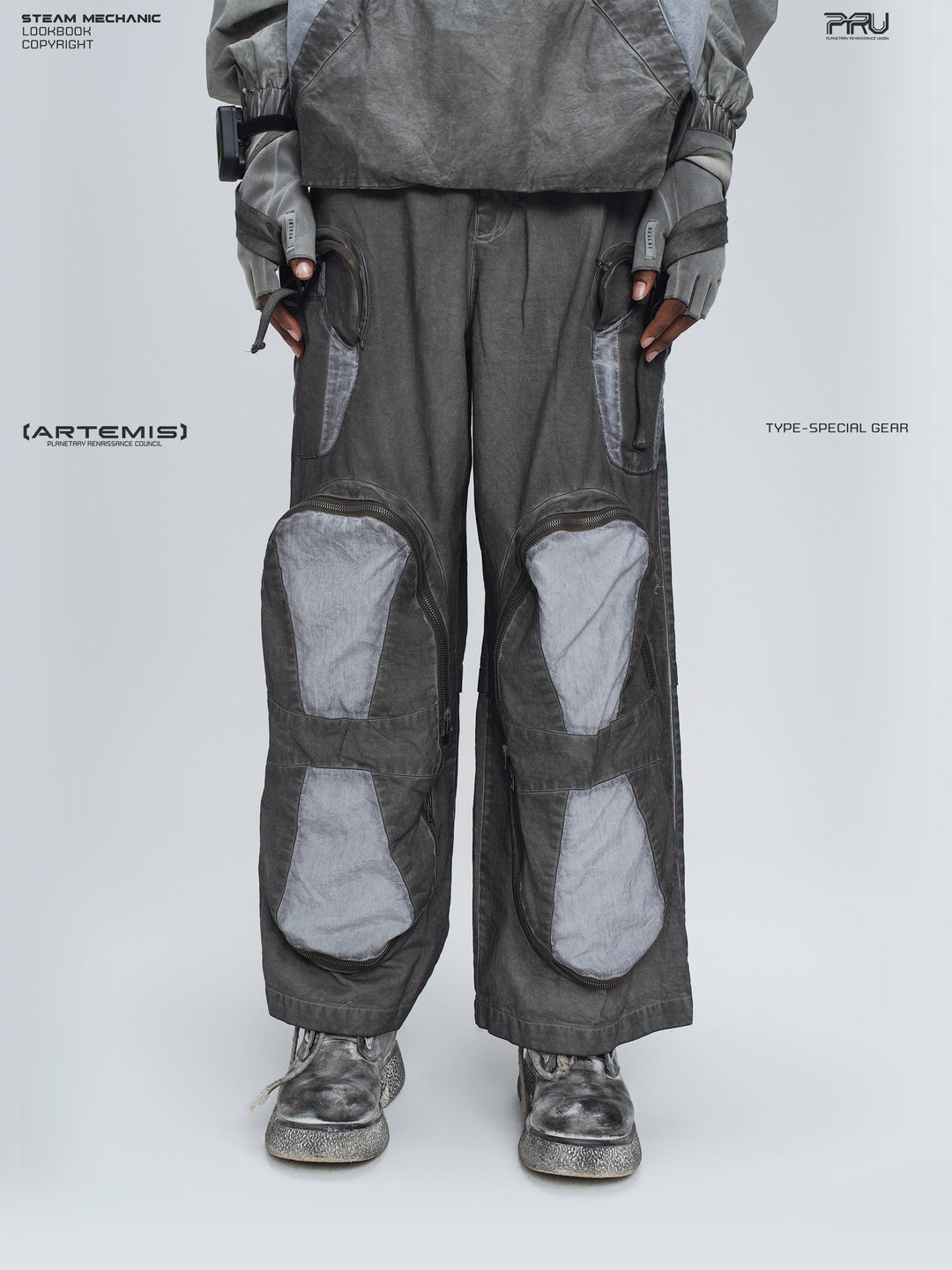 PIONEER moon dust gray welded multi-pocket work pants — front modeled product view