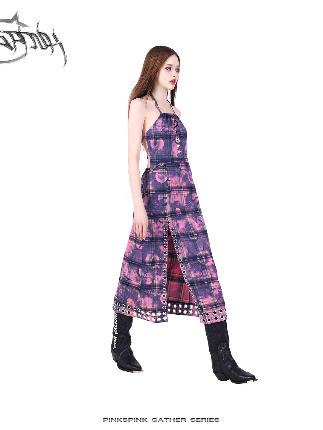 PINKSPINK WASTELAND eyelet plaid halter dress in pink purple — side modeled view showing the long slit