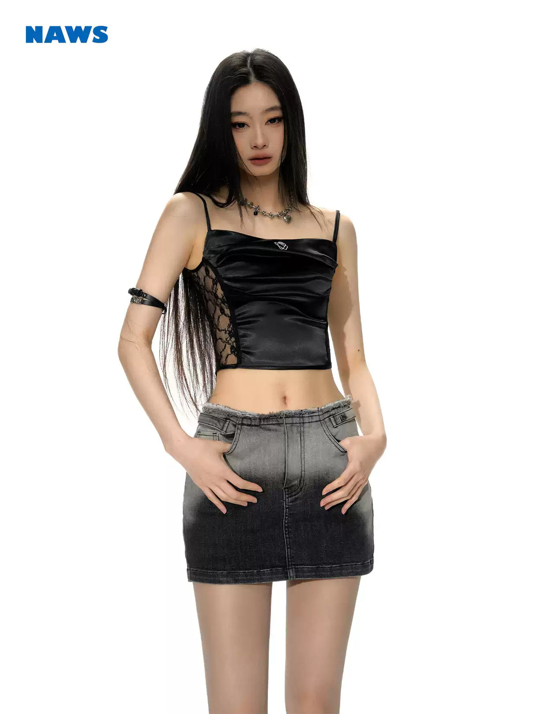 NAWS ECLIPSE gradient denim mini skirt — alternate modeled view showing the silhouette