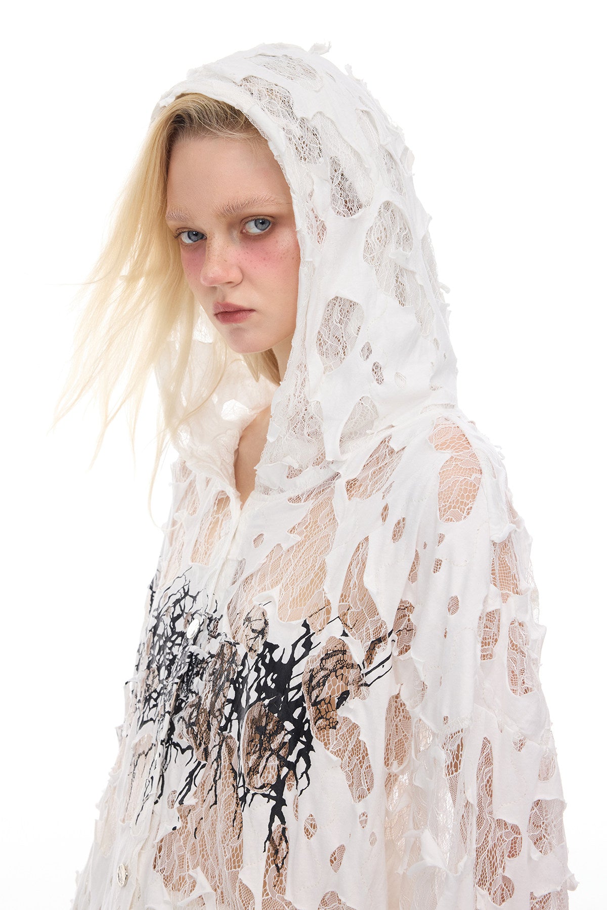PINKSPINK THORN BURNOUT lace hooded shirt — alternate angle showing the shape and finish