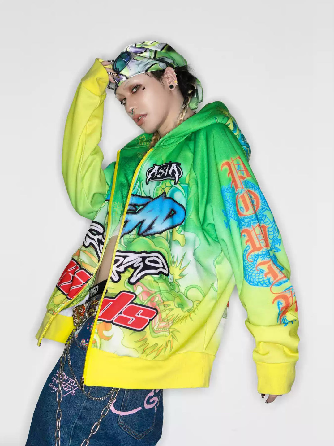 DEADENDKIDS DRAGON RIOT fleece zip hoodie — rear or construction presentation