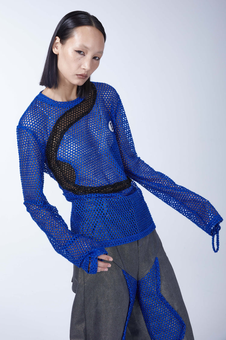 EMBRYO BLUE VOID cutout mesh finger-sleeve top — material and hardware detail