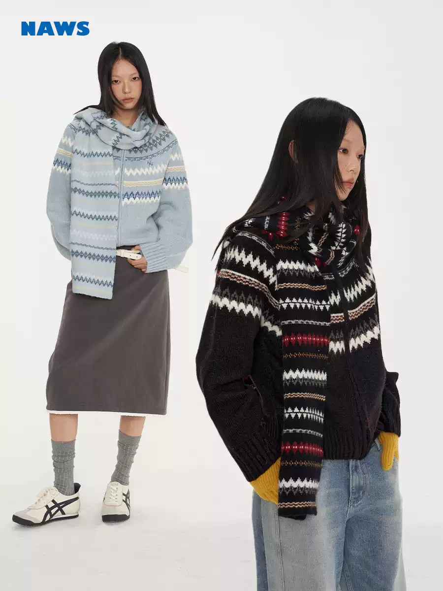 NAWS FAIR ISLE wool-alpaca cardigan — modeled front styling view