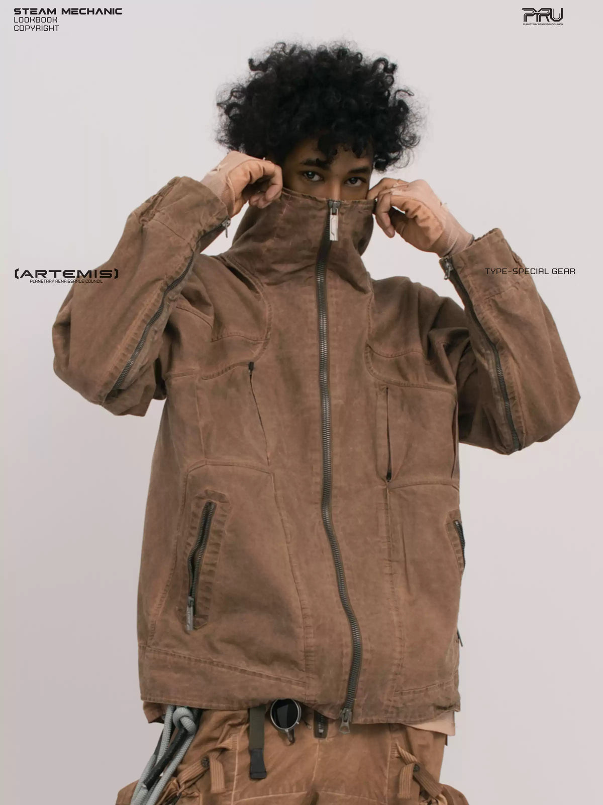 ARTEMIS soft dawn orange tuck-paneled technical jacket — front modeled close-up with both hands lifting the collar