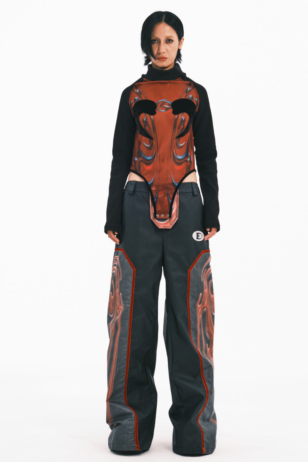 EMBRYO RED TOTEM coated wide-leg pants — full-length modeled view