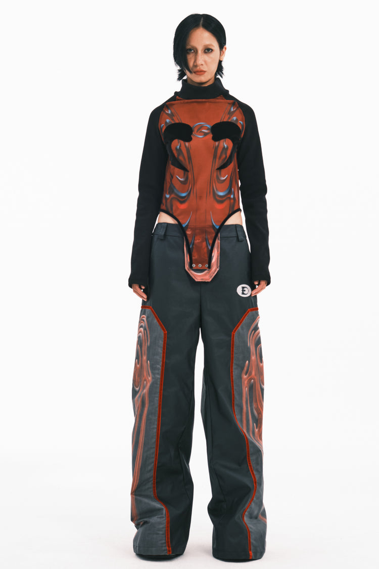 EMBRYO RED TOTEM coated wide-leg pants — full-length modeled view