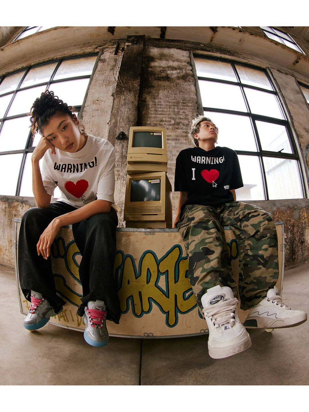Models wearing STARTER platform sneakers, with the silver-blue pink-lace pair on the left
