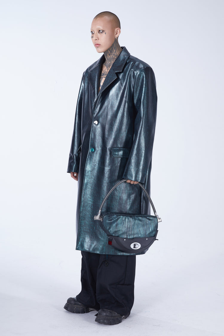EMBRYO MATRIX buckle PU leather trench coat — construction and silhouette detail