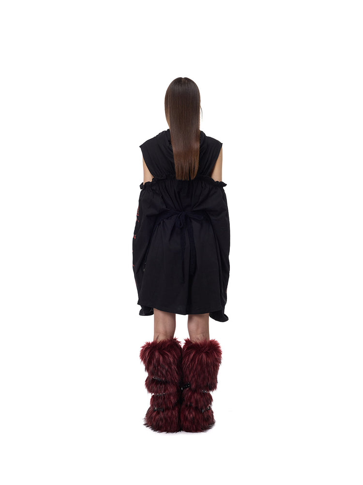 PINKSPINK ELECTRIC MOON patchwork knit layering apron — black back full-length view showing ties